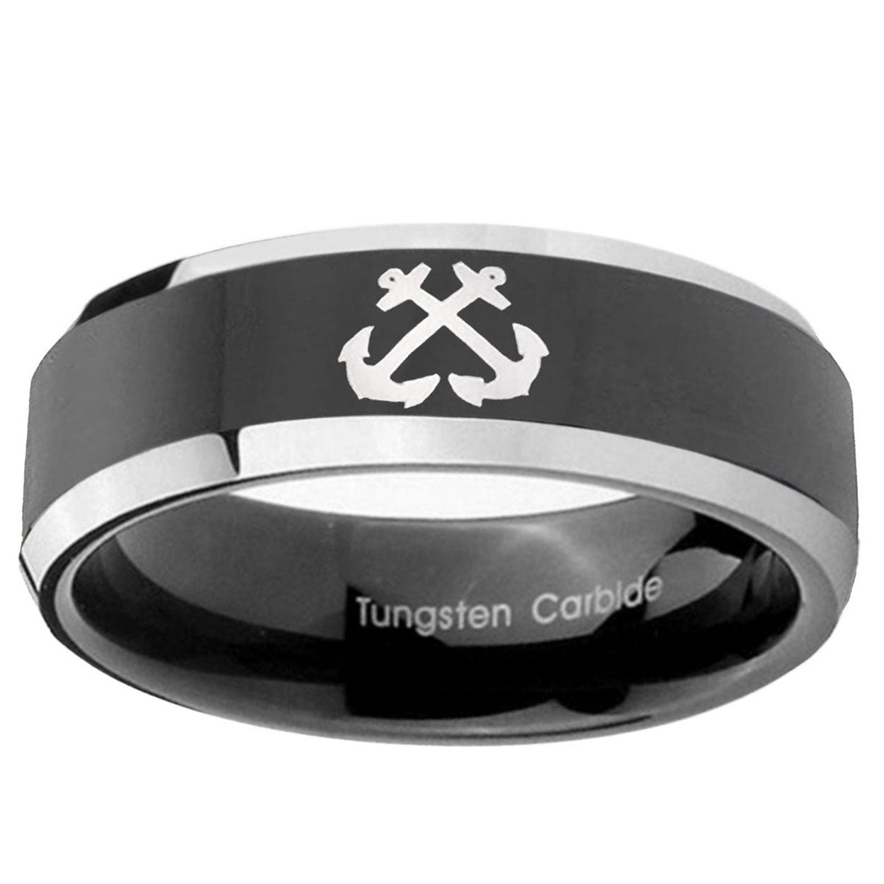 5mm Anchor Beveled Edges Glossy Black 2 Tone Tungsten Ring