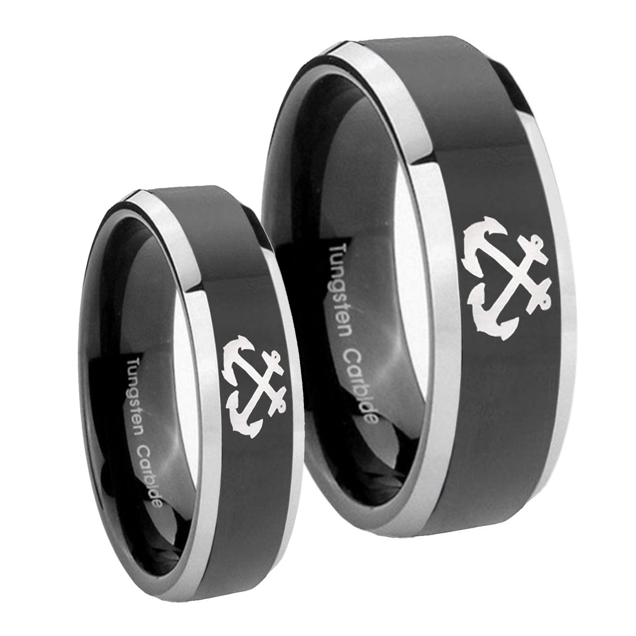 Anchor Beveled Edges Glossy Black 2 Tone Tungsten His Hers Set Rings