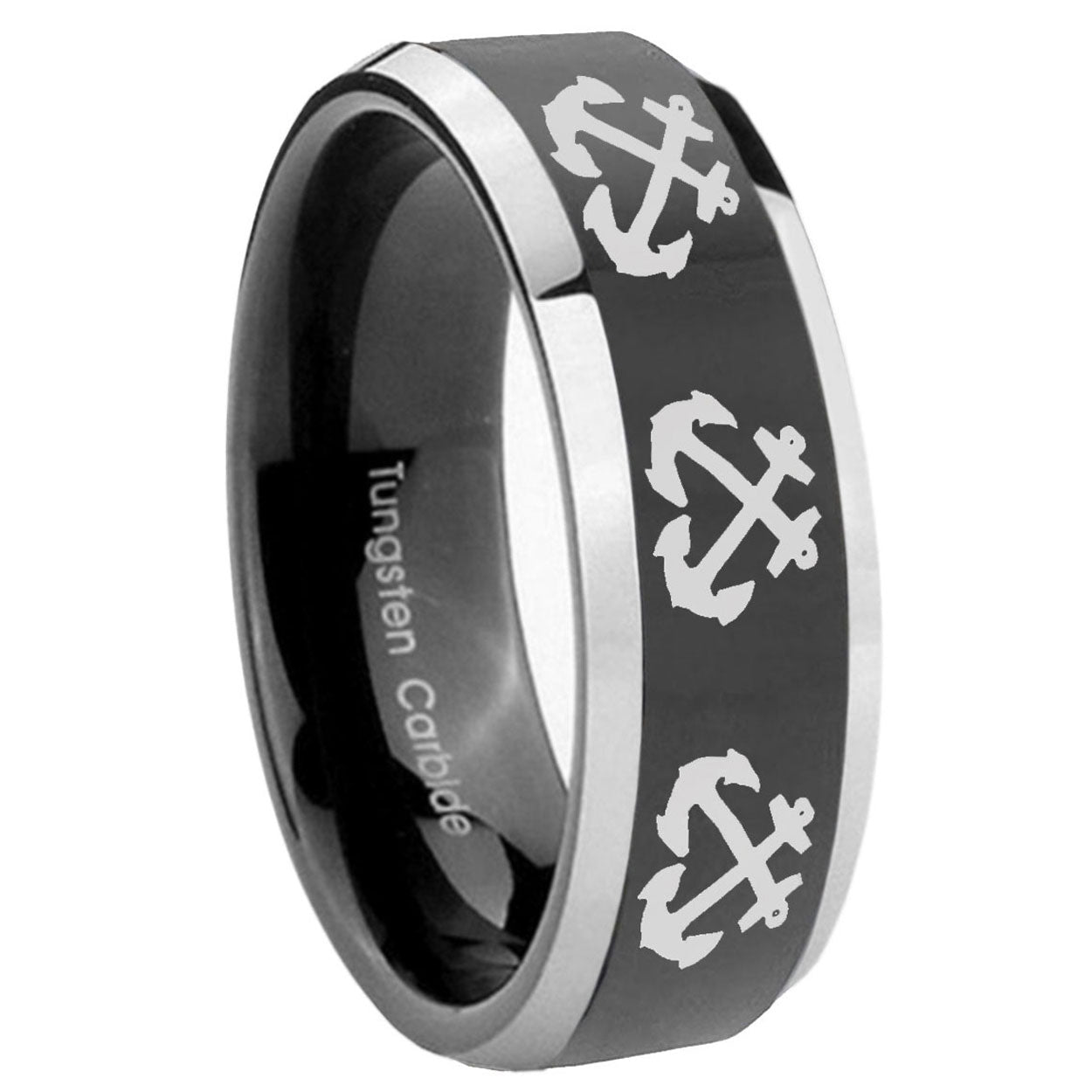 8mm Multiple Anchor Bevel Glossy Black 2 Tone Tungsten Ring