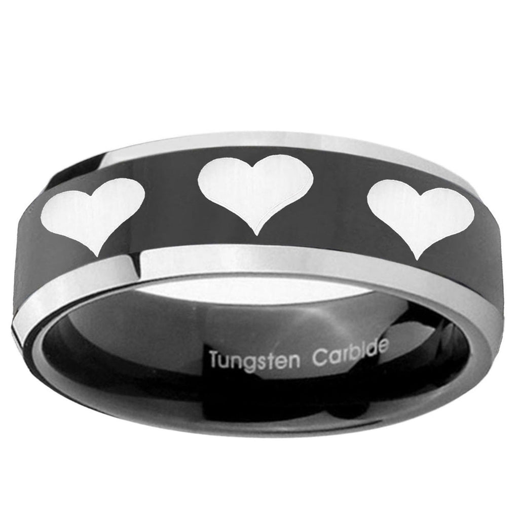 10mm Multiple Heart Beveled Glossy Black 2 Tone Tungsten Ring