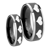 His Hers Multiple Heart Beveled Glossy Black 2 Tone Tungsten Engraved Ring Set
