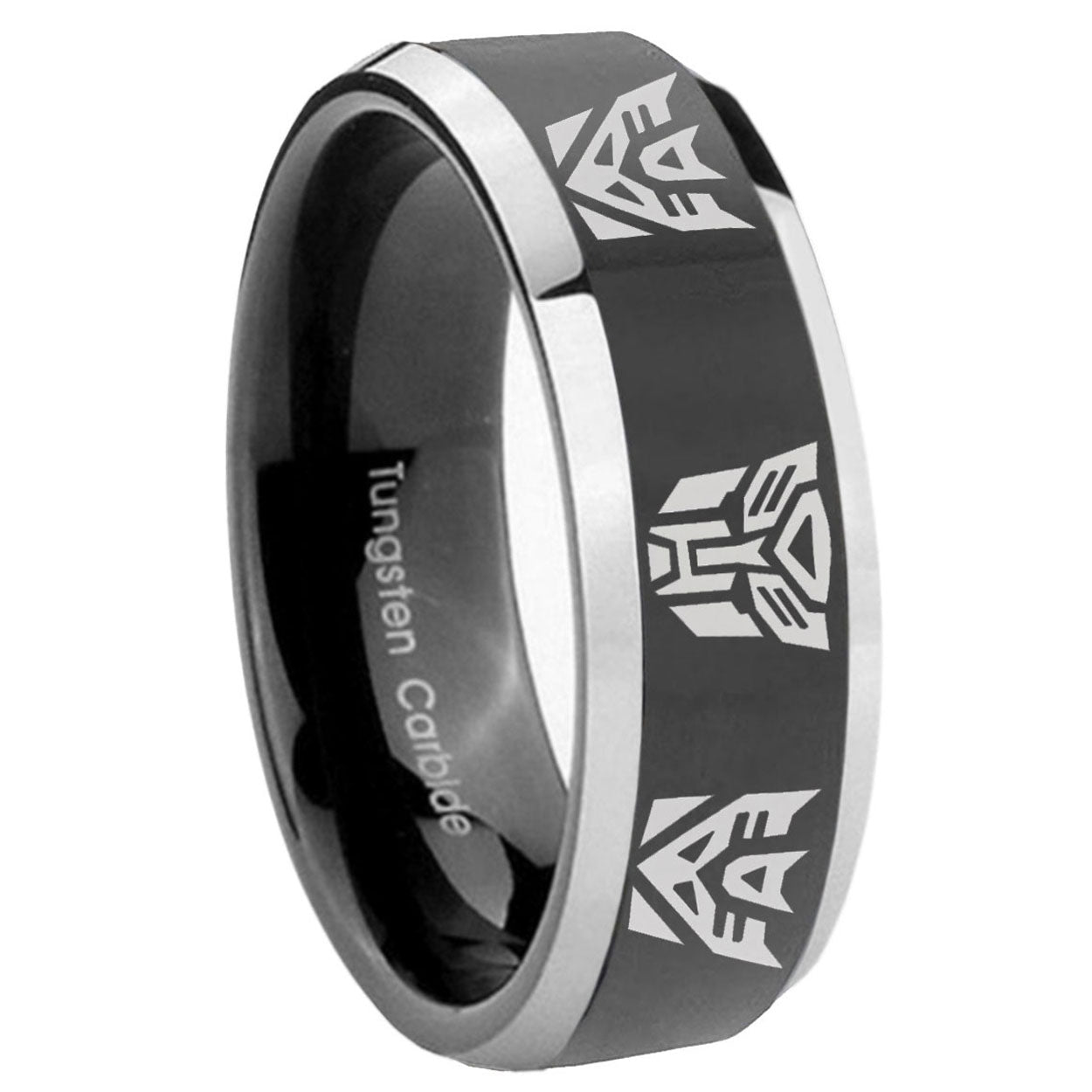 8mm Transformers Autobot Decepticon Bevel Glossy Black 2 Tone Tungsten Ring