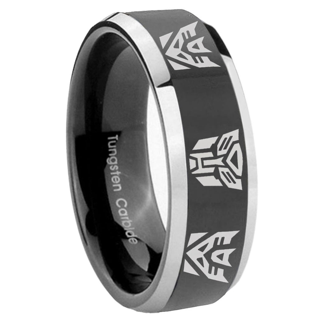 10mm Transformers Autobot Decepticon Beveled Glossy Black 2 Tone Tungsten Bands Ring