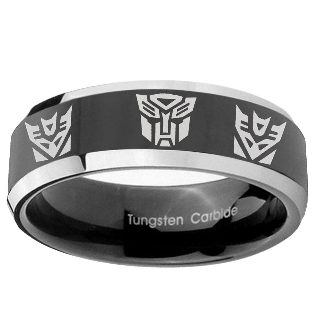 5mm Transformers Autobot Decepticon Bevel Glossy Black 2 Tone Tungsten Ring