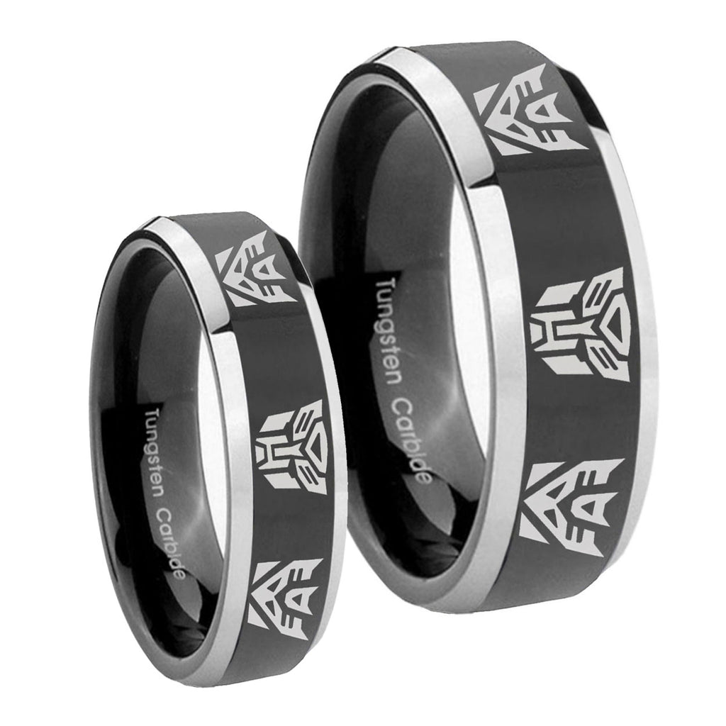 Transformers Autobot Decepticon Beveled Glossy Black 2 Tone Tungsten Couple Band Set