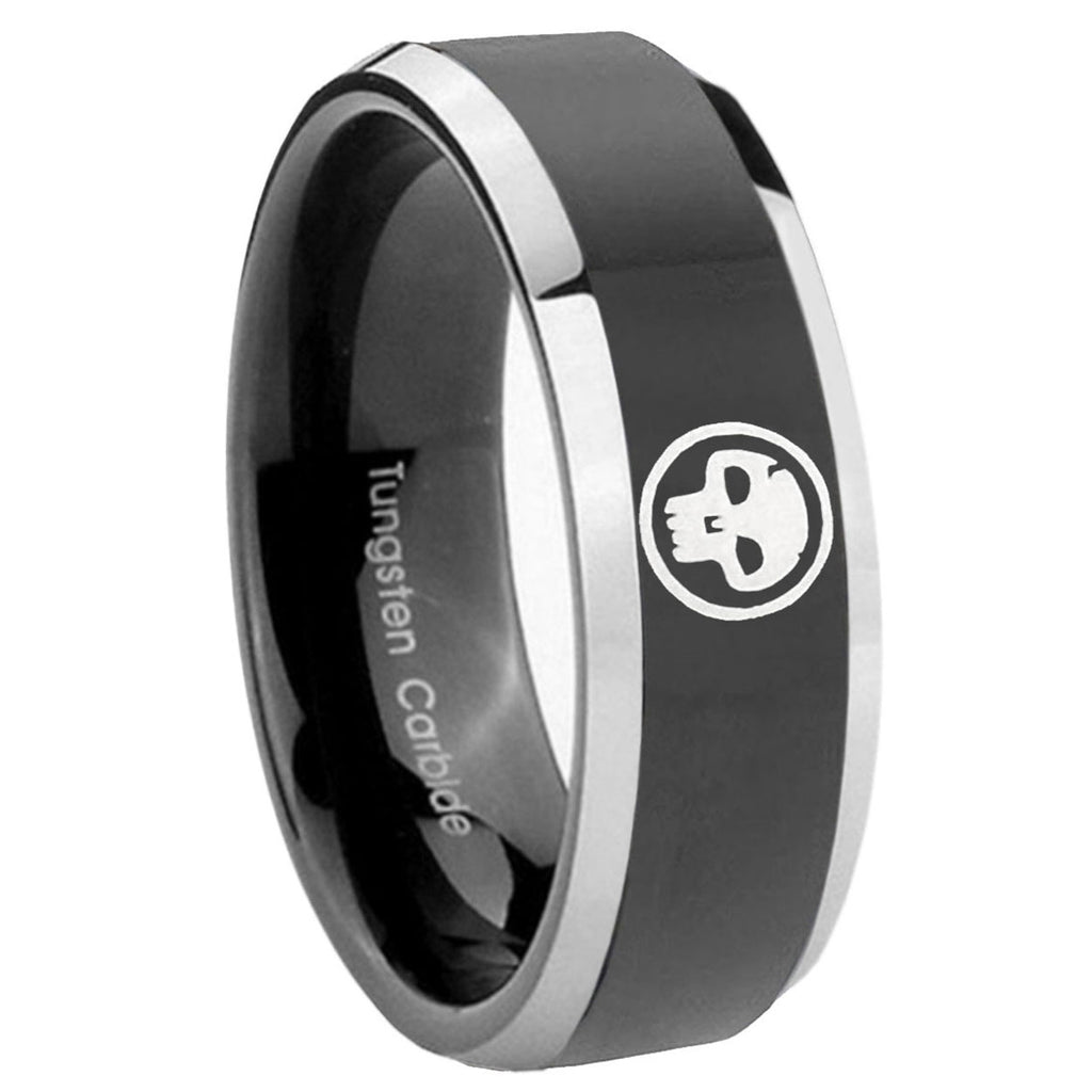 8mm Skull Beveled Edges Glossy Black 2 Tone Tungsten Ring