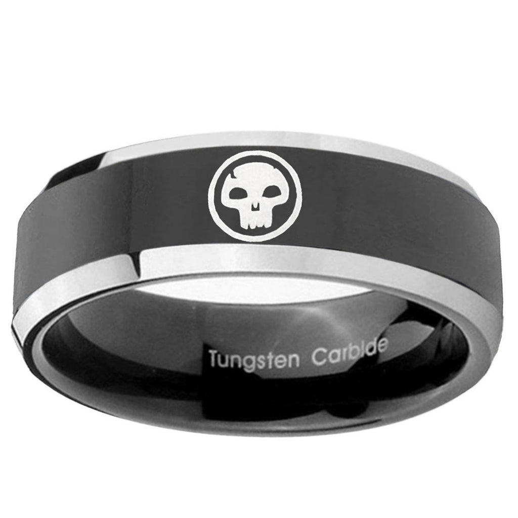 5mm Skull Beveled Edges Glossy Black 2 Tone Tungsten Ring