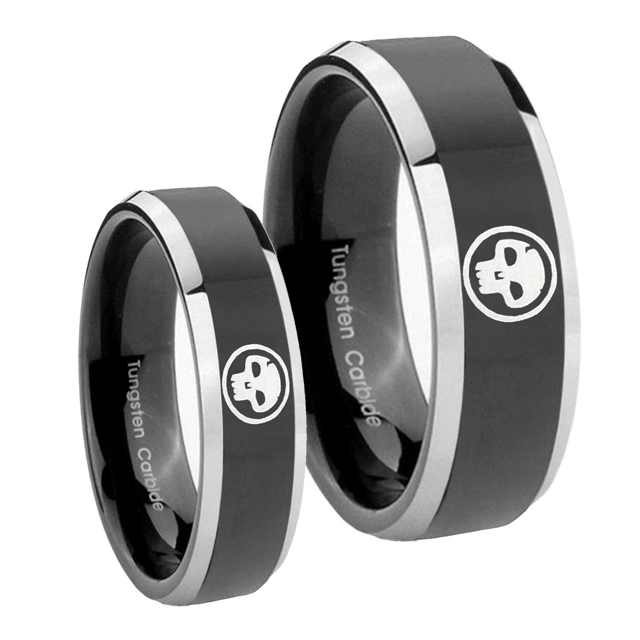 Skull Beveled Glossy Black 2 Tone Tungsten Couple Wedding Rings