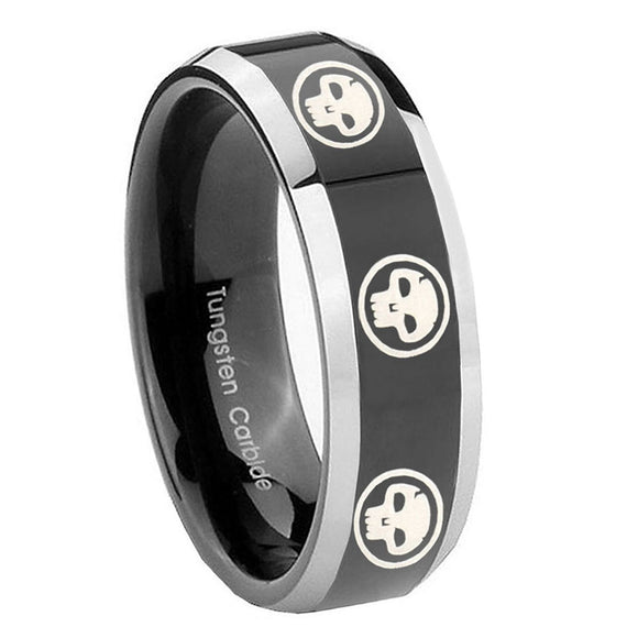 10mm-Multiple-Skull-Beveled-Edges-Glossy-Black-2-Tone-Tungsten-Engagement-Ring