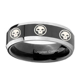 8mm-Multiple-Skull-Beveled-Edges-Glossy-Black-2-Tone-Tungsten-Men's-Ring