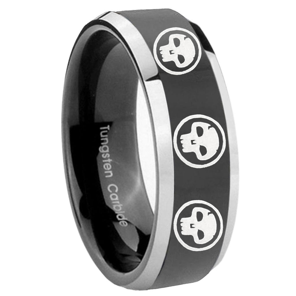 8mm Multiple Skull Bevels Glossy Black 2 Tone Tungsten Ring