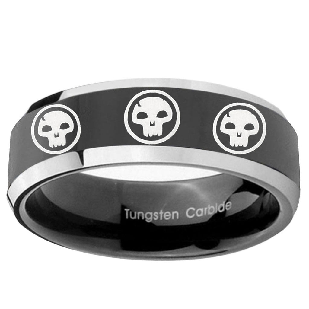 10mm Multiple Skull Beveled Edge Glossy Black 2 Tone Tungsten Ring