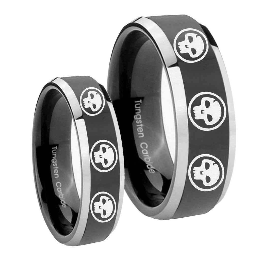 Multiple Skull Beveled Glossy Black 2 Tone Tungsten Promise Ring Set