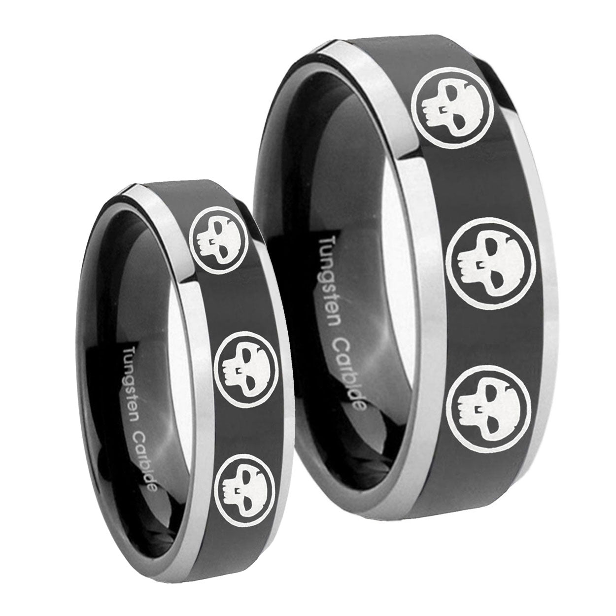 Multiple Skull Beveled Glossy Black 2 Tone Tungsten Promise Ring Set