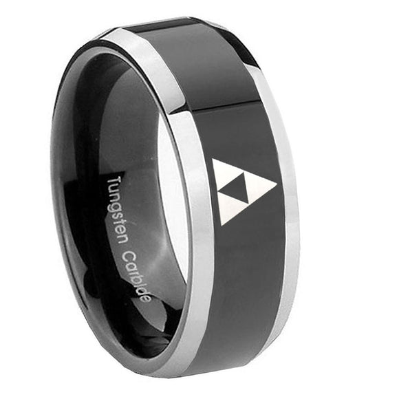 8mm-Zelda-Triforce-Beveled-Edges-Glossy-Black-2-Tone-Tungsten-Men's-Band-Ring