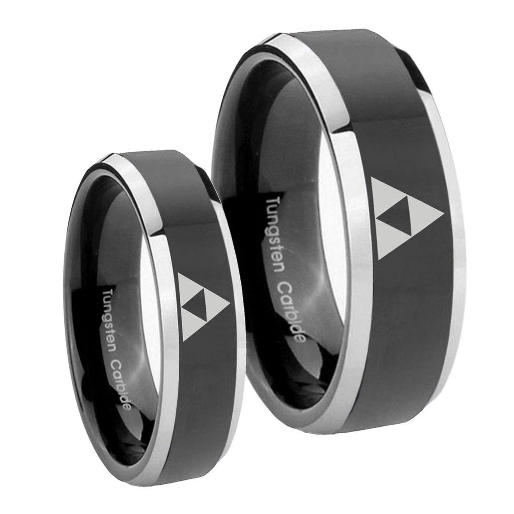 Zelda Triforce Beveled Glossy Black 2 Tone Tungsten Couple Rings