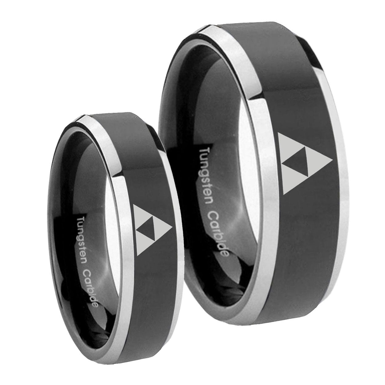 Zelda Triforce Beveled Glossy Black 2 Tone Tungsten Couple Rings