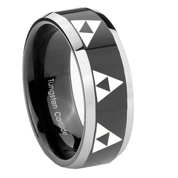 8mm-Multiple-Zelda-Triforce-Beveled-Glossy-Black-2-Tone-Tungsten-Mens-Bands-Ring