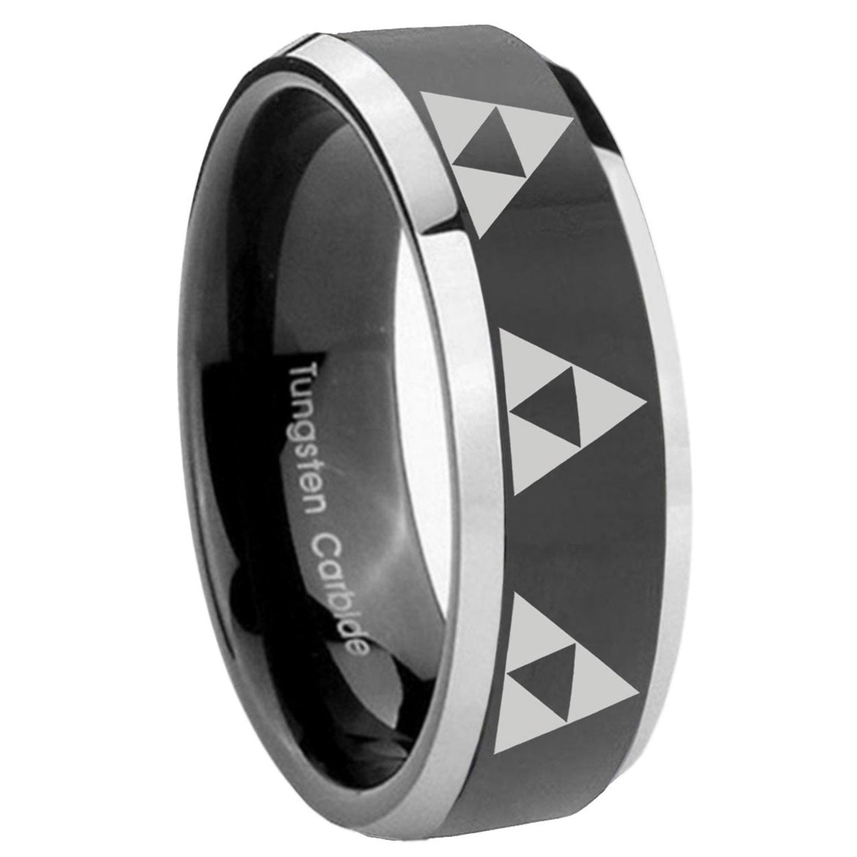 8mm Multiple Zelda Triforce Bevel Glossy Black 2 Tone Tungsten Band