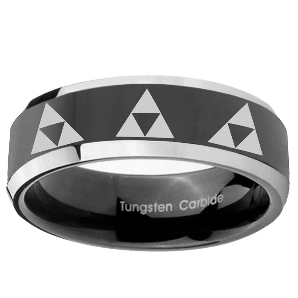 10mm Multiple Zelda Triforce Beveled Glossy Black 2 Tone Tungsten Bands Ring