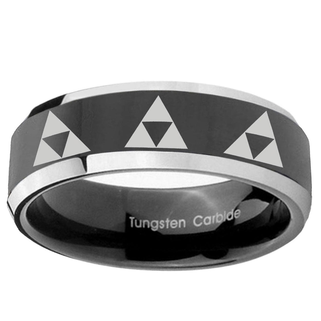 10mm Multiple Zelda Triforce Beveled Glossy Black 2 Tone Tungsten Bands Ring