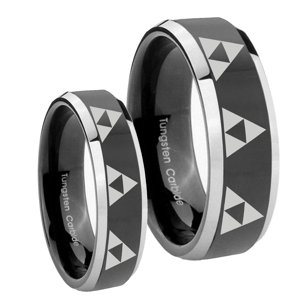 Multiple Zelda Triforce Beveled Glossy Black 2 Tone Tungsten Bridal Ring Sets