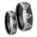 Multiple Zelda Triforce Beveled Glossy Black 2 Tone Tungsten Bridal Ring Sets