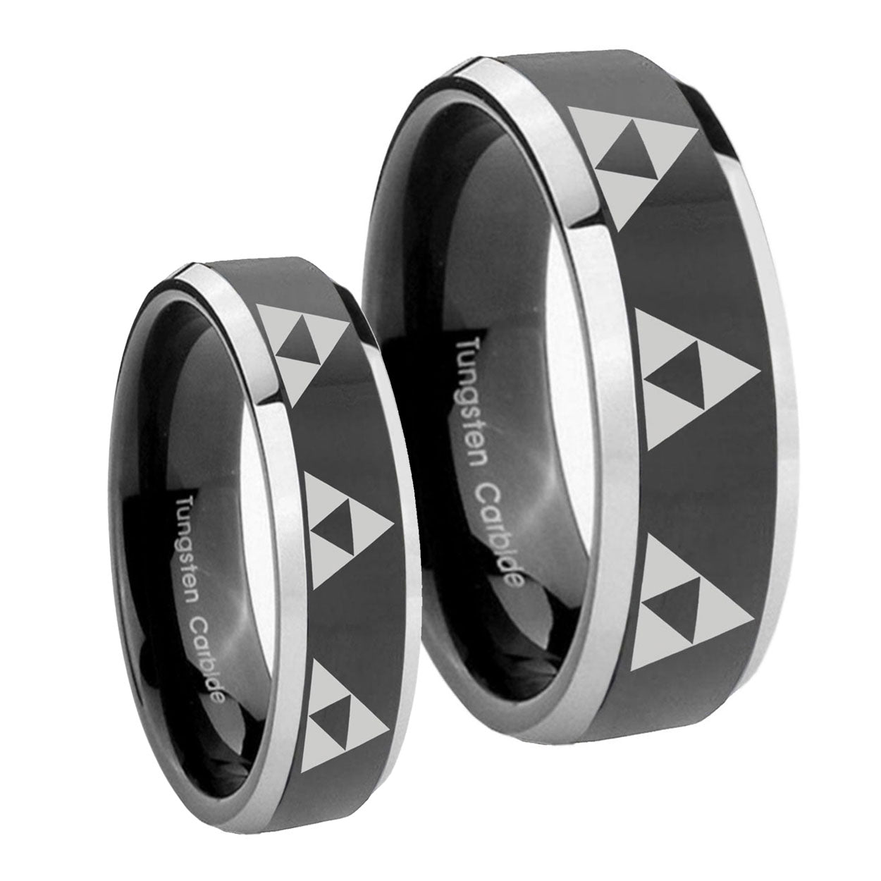 Multiple Zelda Triforce Beveled Glossy Black 2 Tone Tungsten Bridal Ring Sets