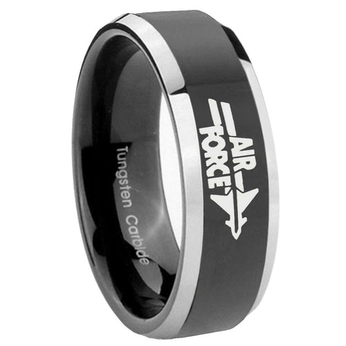 10mm Beveled Two Tone Air Force Shiny Black Middle Tungsten Men's Ring