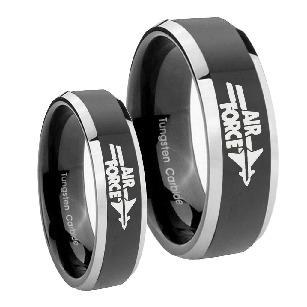 Shiny Black Bevel Air Force 2 Tone Tungsten His Hers Ring Set