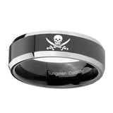 8mm-Skull-Pirate-Beveled-Glossy-Black-2-Tone-Tungsten-Mens-Ring-Personalized