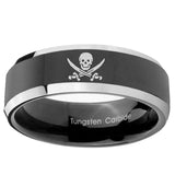 5, 8mm Skull Pirate Beveled Glossy Black 2 Tone Tungsten Ring