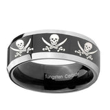 10mm-Multiple-Skull-Pirate-Beveled-Glossy-Black-2-Tone-Tungsten-Engraved-Ring