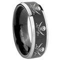10mm Multiple Skull Pirate Beveled Glossy Black 2 Tone Tungsten Engraved Ring