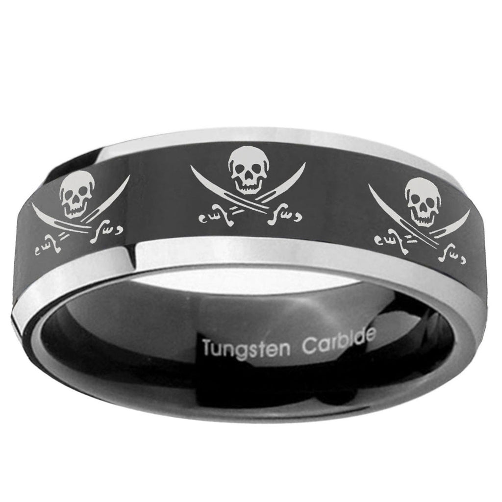 5mm Multiple Skull Pirate Bevel Glossy Black 2 Tone Tungsten Band