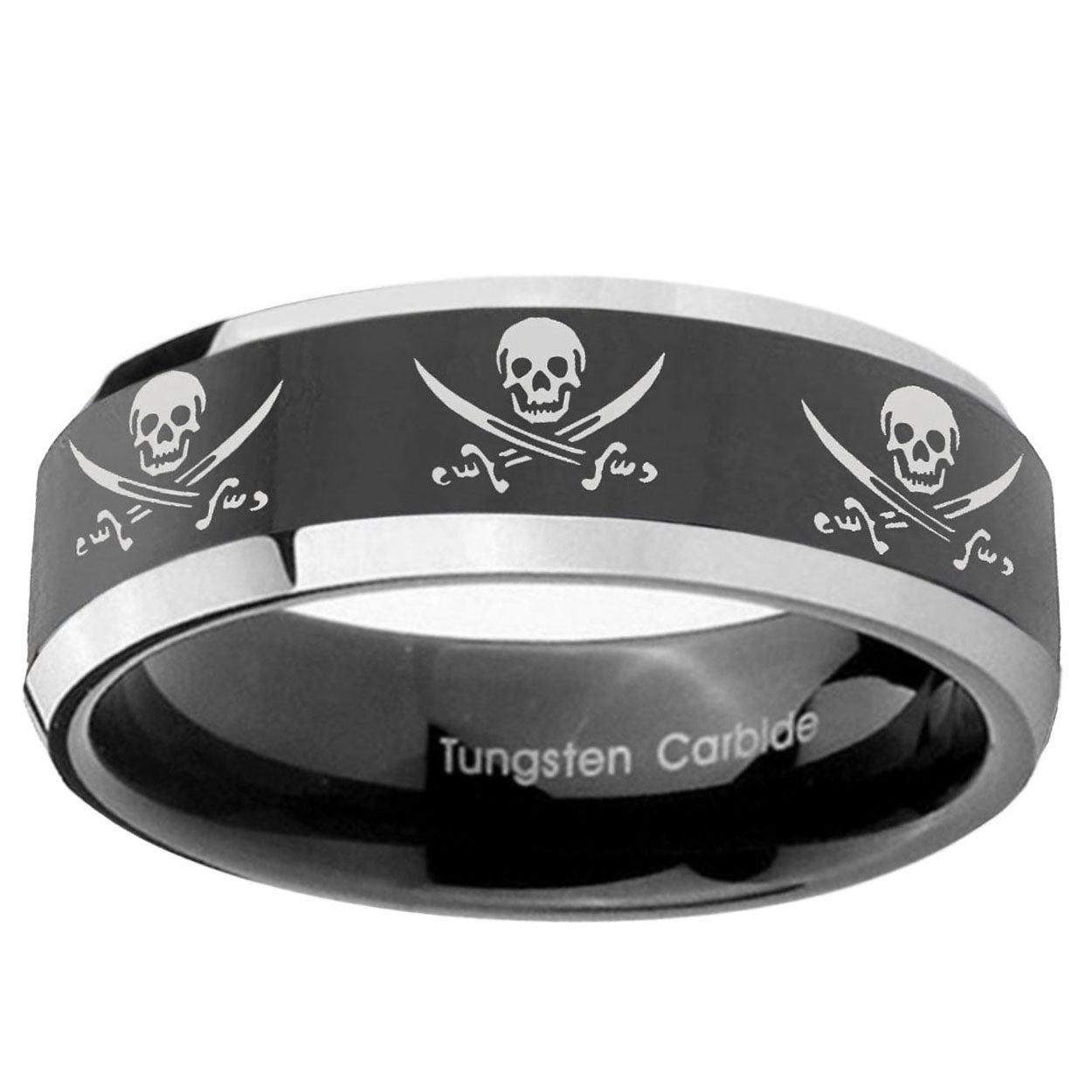 5mm Multiple Skull Pirate Bevel Glossy Black 2 Tone Tungsten Band