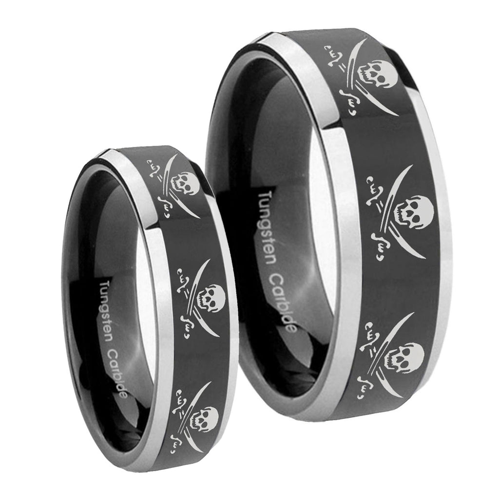 Multiple Skull Pirate Beveled Glossy Black 2 Tone Tungsten His And Hers Ring