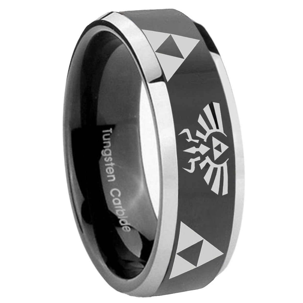 10mm Legend of Zelda Beveled Edges Glossy Black 2 Tone Tungsten Men's Ring