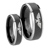 His Hers Aquila Beveled Edges Glossy Black 2 Tone Tungsten Mens Promise Ring Set