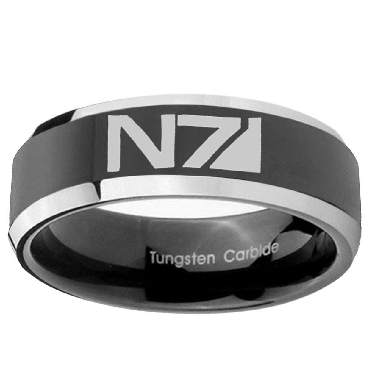 10mm N7 Design Beveled Glossy Black 2 Tone Tungsten Ring