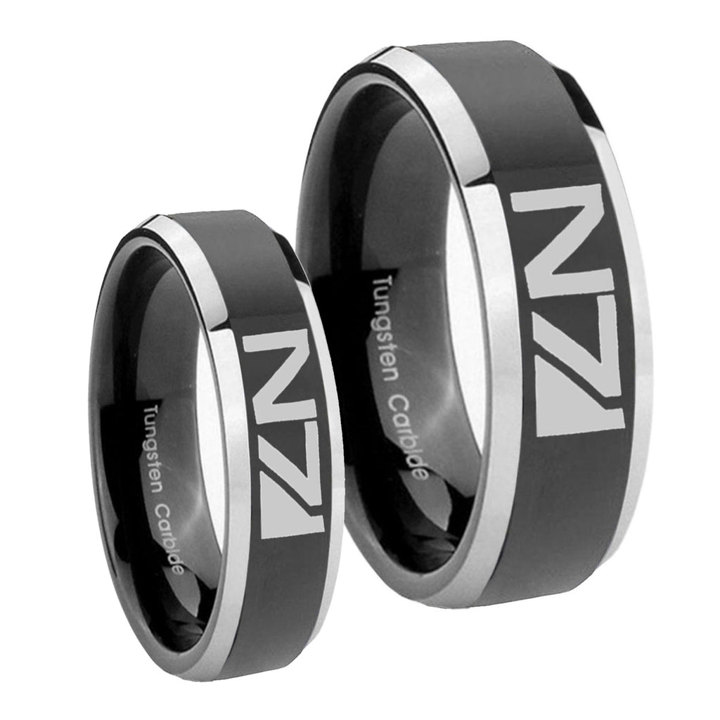 N7 Design Beveled Glossy Black 2 Tone Tungsten Mens Ring Set