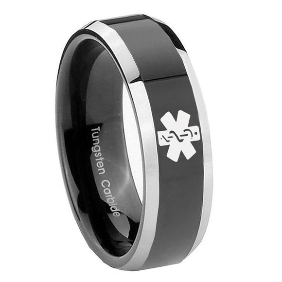 8mm-Medical-Alert-Beveled-Glossy-Black-2-Tone-Tungsten-Men's-Engagement-Ring