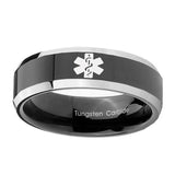 8mm-Medical-Alert-Beveled-Glossy-Black-2-Tone-Tungsten-Men's-Engagement-Ring