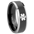8mm Medical Alert Beveled Glossy Black 2 Tone Tungsten Ring