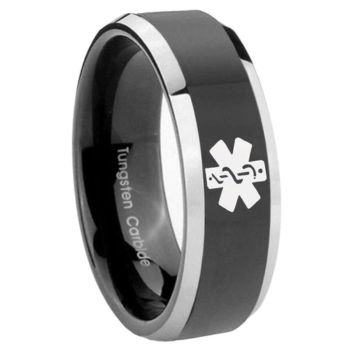 8mm Medical Alert Beveled Glossy Black 2 Tone Tungsten Ring
