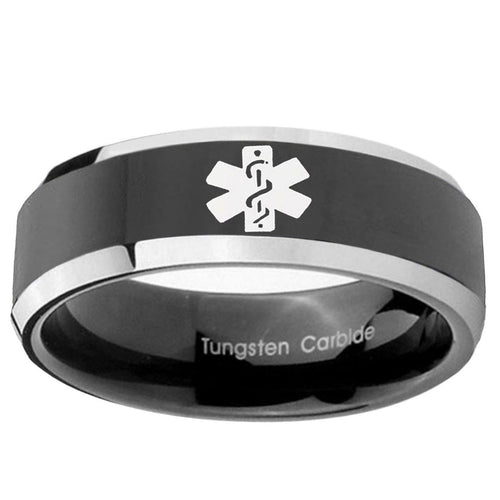5mm Medical Alert Beveled Glossy Black 2 Tone Tungsten Ring