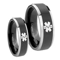 Medical Alert Beveled Glossy Black 2 Tone Tungsten Bridal Set Rings