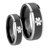 His Hers Medical Alert Beveled Glossy Black 2 Tone Tungsten Men Rings Set