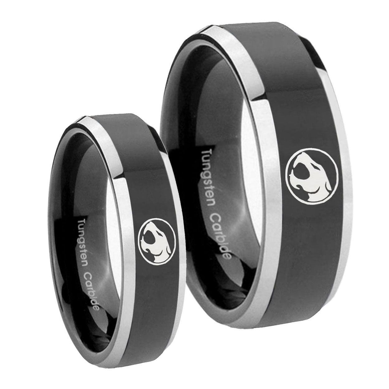 Thundercat Beveled Edges Glossy Black 2 Tone Tungsten His Hers Ring Set