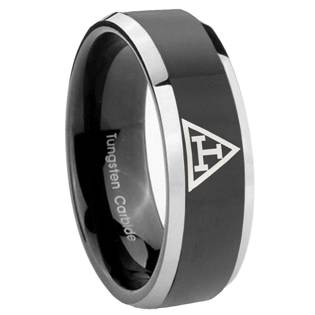 8mm Masonic Triple Bevels Glossy Black 2 Tone Tungsten Ring
